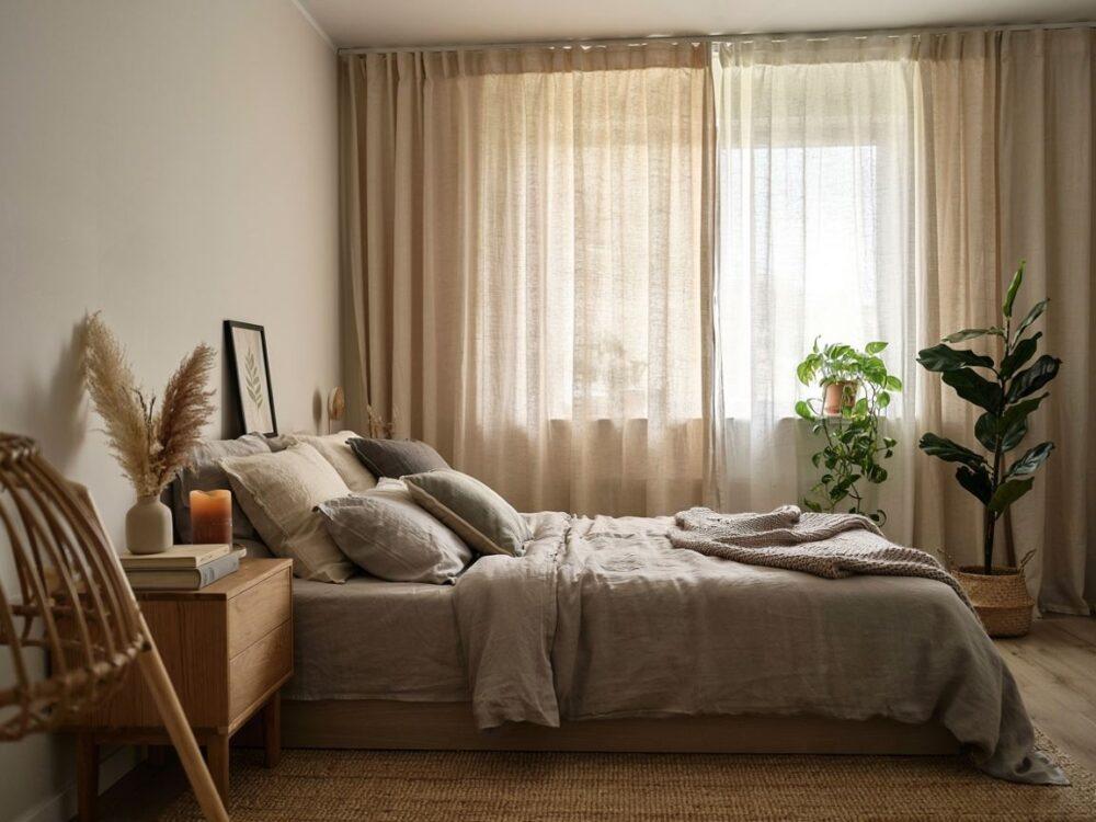 szara sypialnia boho